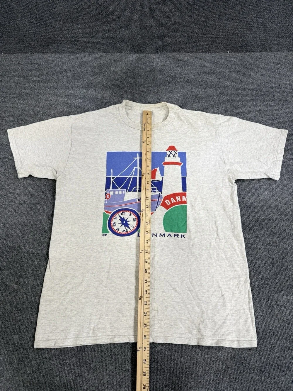 Vintage 90s Denmark T Shirt Mens L Lighthouse Fishing Boat Nautical Graphic Tee